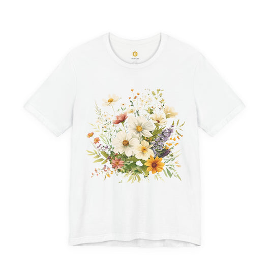 White t-shirt with a floral design on a white background