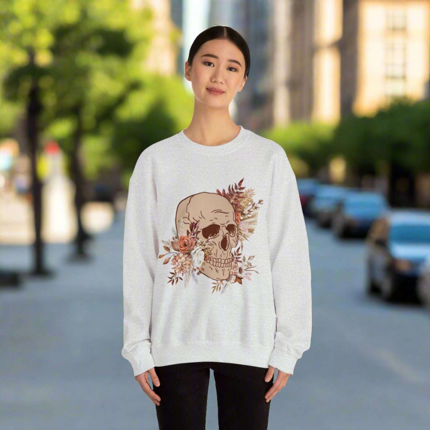 Custom Unisex Vintage Skull and Flower Heavy Blend Crewneck Sweatshirt | PERSONALIZED - ChoreGirl