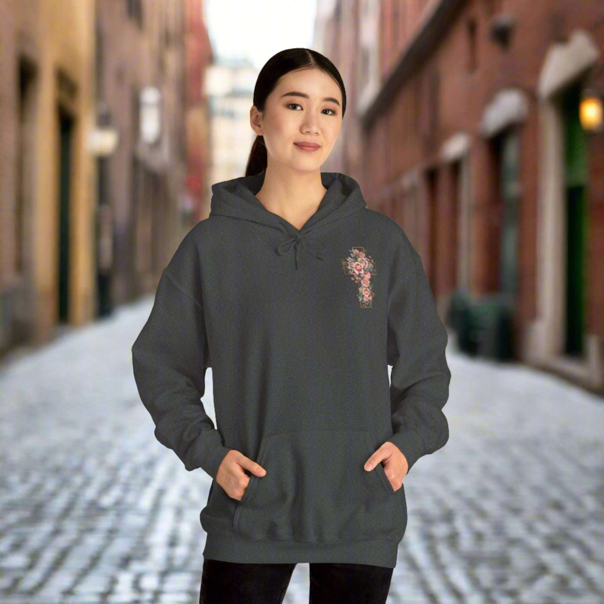 Custom Unisex Blooming Flower Cross Heavy Blend Hoodie | PERSONALIZED - ChoreGirl