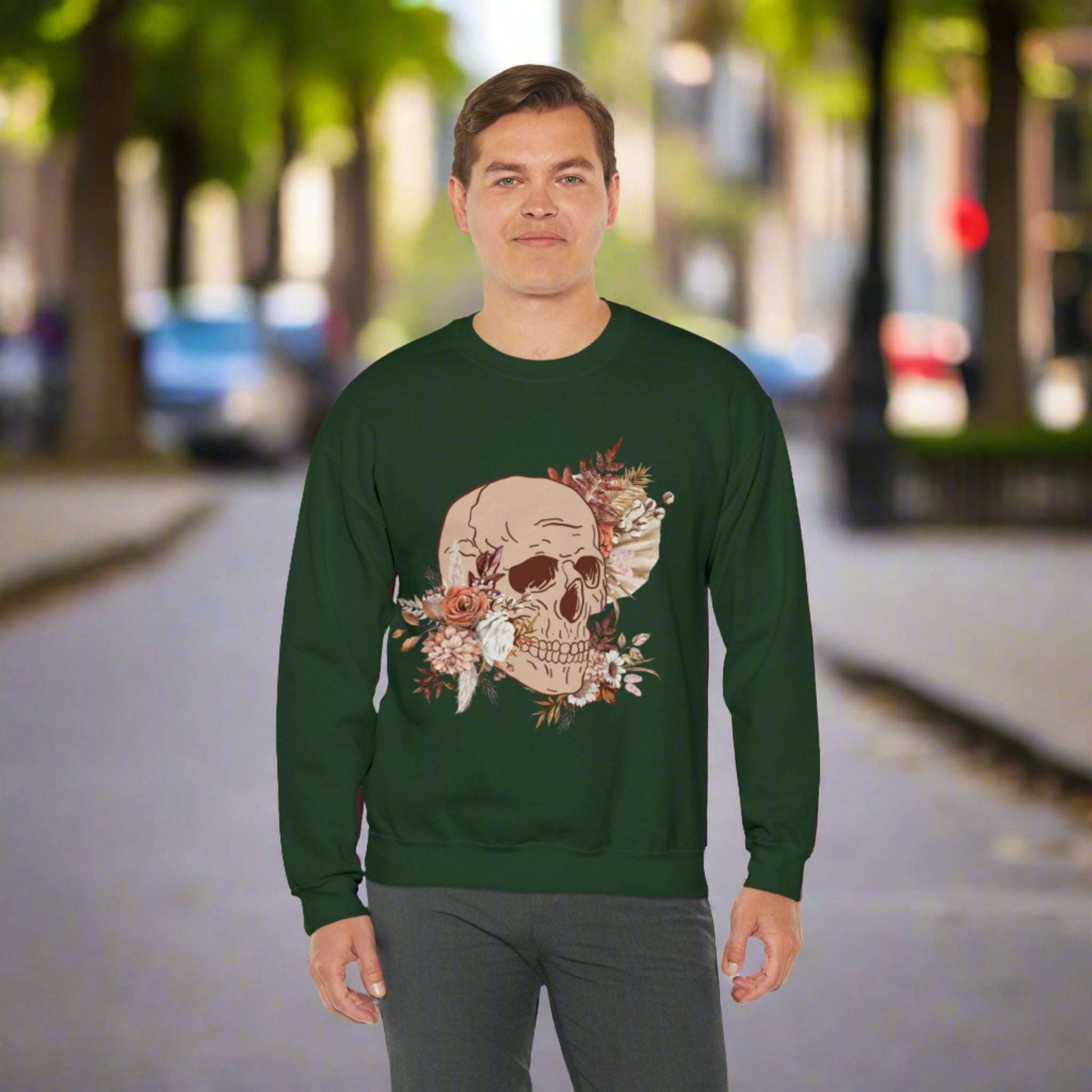 Custom Unisex Vintage Skull and Flower Heavy Blend Crewneck Sweatshirt | PERSONALIZED - ChoreGirl
