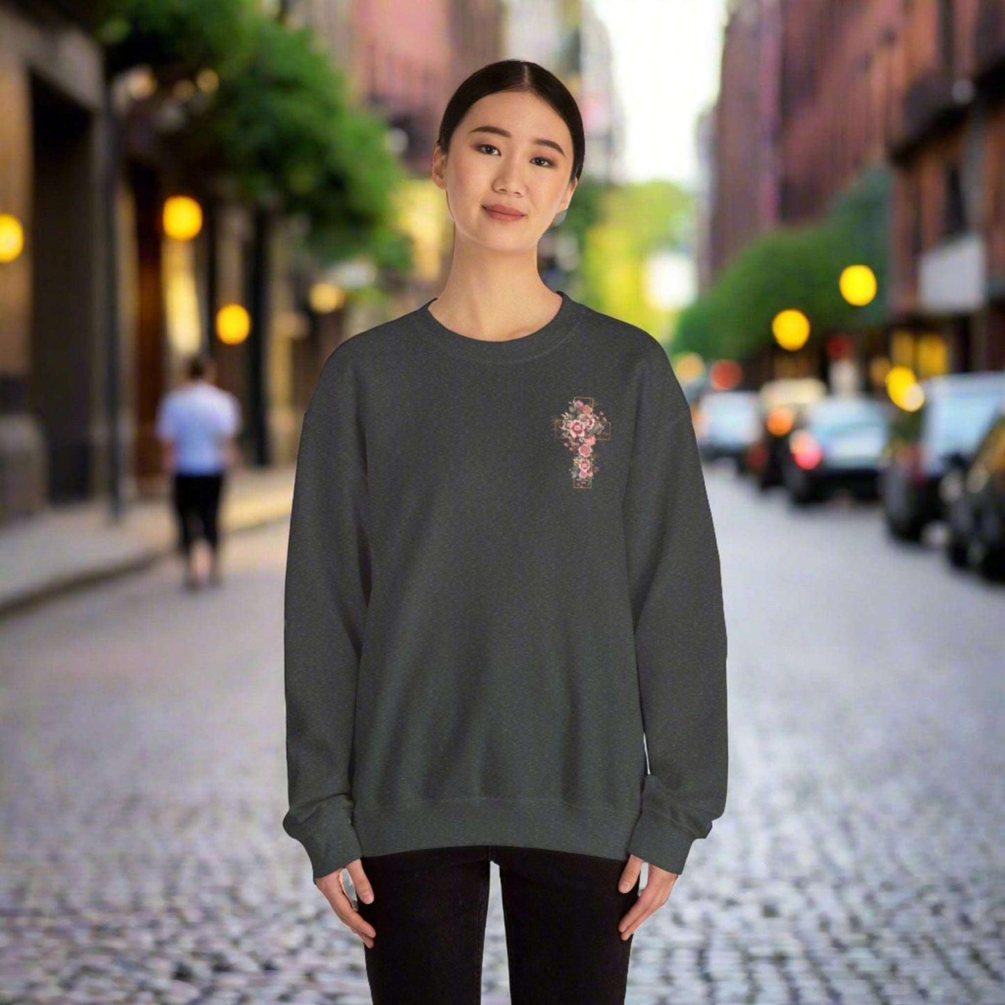 Custom Unisex Blooming Flower Cross Heavy Blend Crewneck Sweatshirt | PERSONALIZED - ChoreGirl