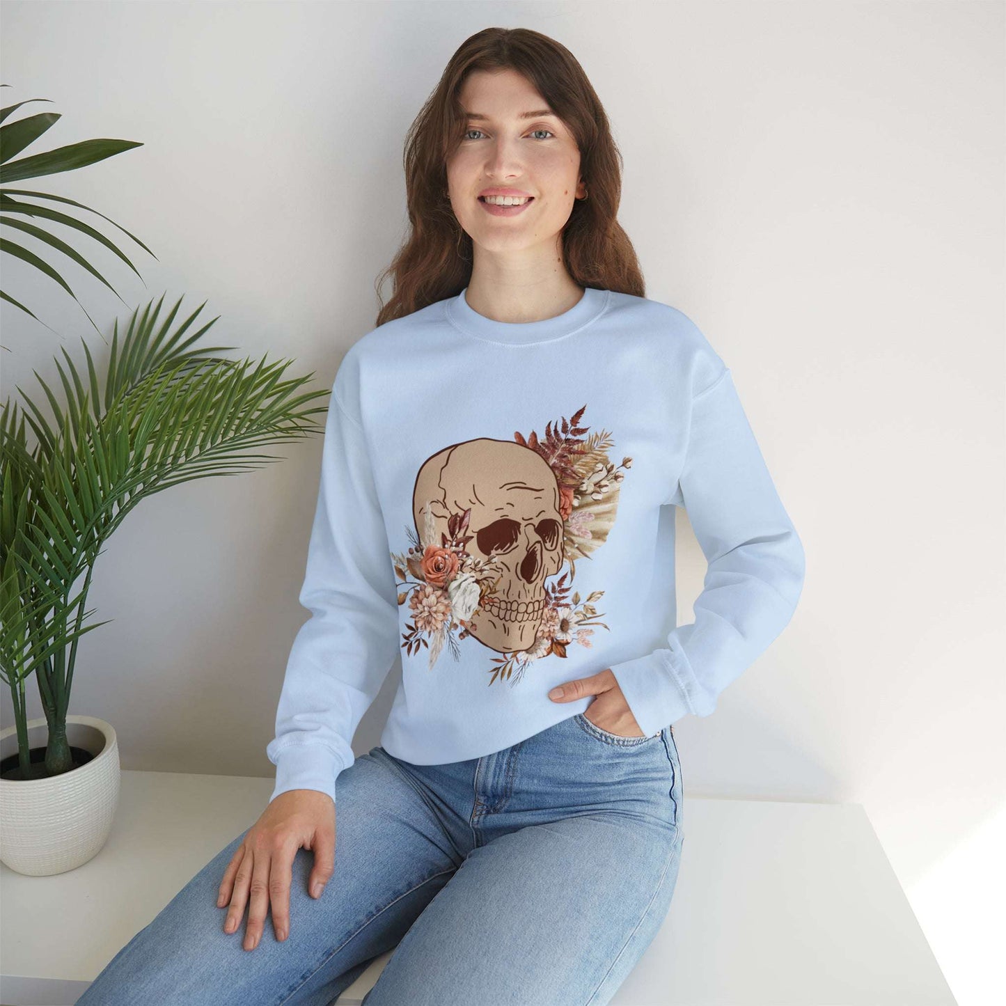 Custom Unisex Vintage Skull and Flower Heavy Blend Crewneck Sweatshirt | PERSONALIZED - ChoreGirl