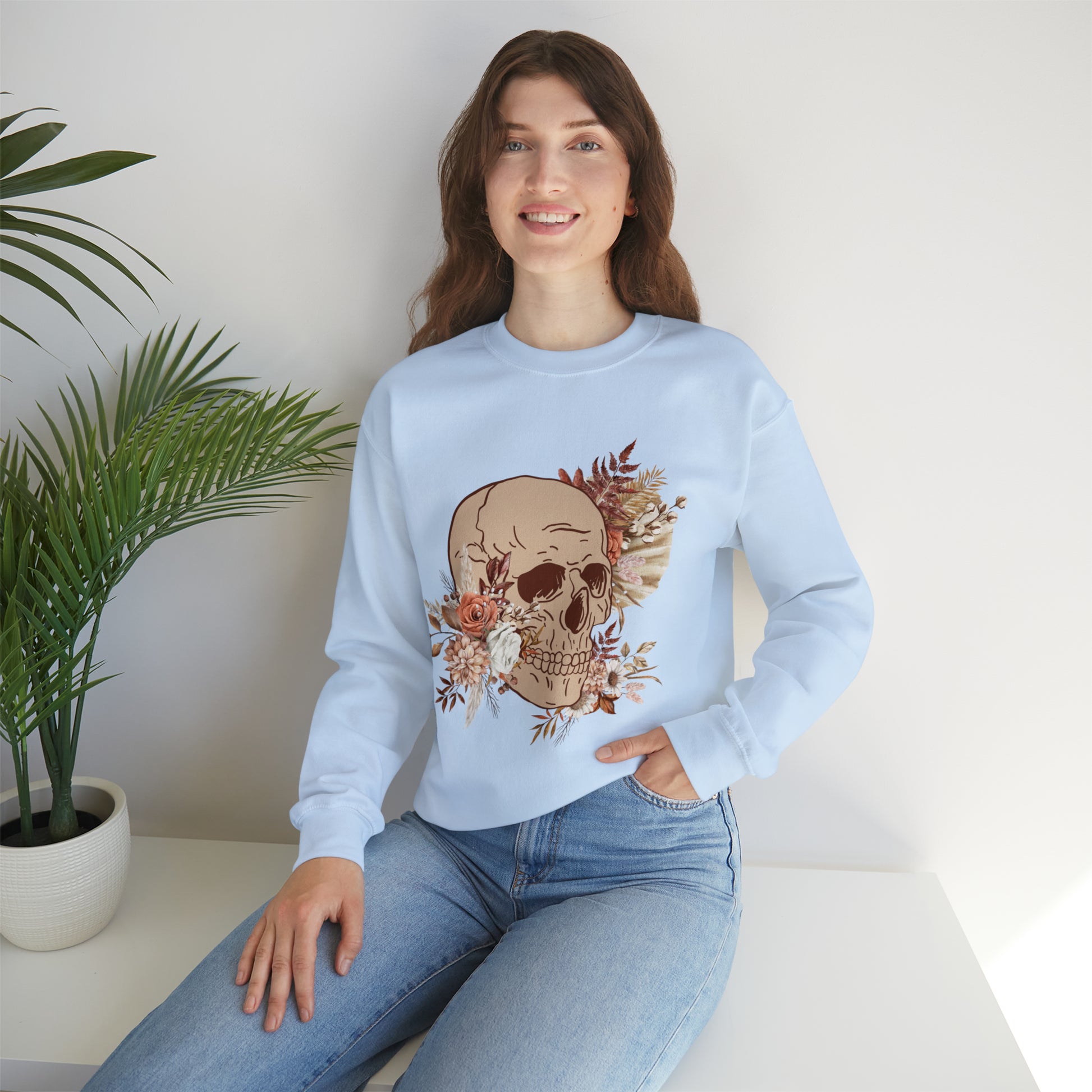 Custom Unisex Vintage Skull and Flower Heavy Blend Crewneck Sweatshirt | PERSONALIZED - ChoreGirl