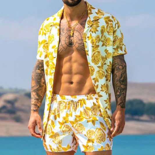 Men's All-matching Short Sleeved Shirt and Shorts Beach Outfit Set - ChoreGirl