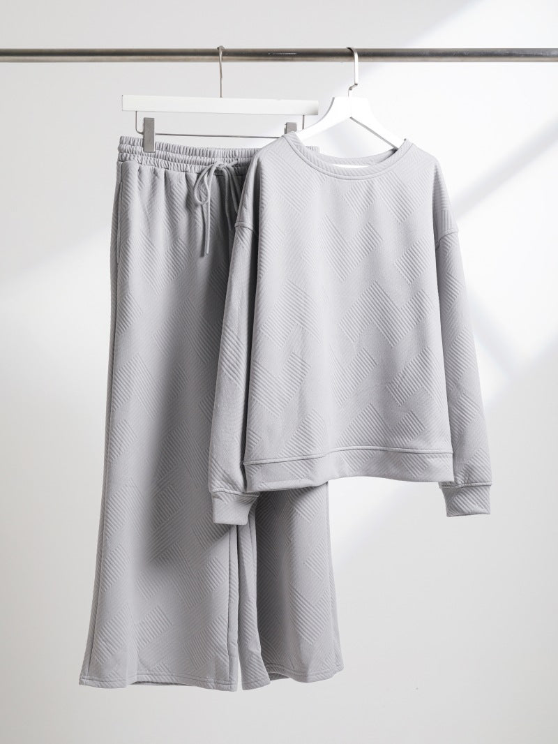 Women's Casual Textured Solid Color Loose Thick Long Sleeved Sweatshirt and Pants Two-piece Outfit Set - ChoreGirl