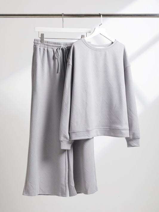 Women's Casual Textured Solid Color Loose Thick Long Sleeved Sweatshirt and Pants Two-piece Outfit Set - ChoreGirl