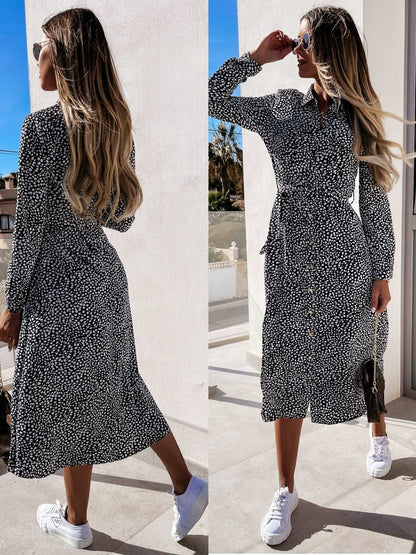 Women's Mid-waist Simple Floral Shirt Dress with Belt - ChoreGirl