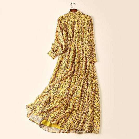 Women's Yellow Floral Print Chiffon Dress With Splits - ChoreGirl