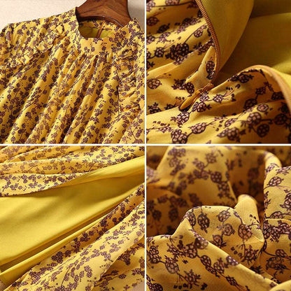 Women's Yellow Floral Print Chiffon Dress With Splits - ChoreGirl
