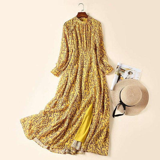 Women's Yellow Floral Print Chiffon Dress With Splits - ChoreGirl