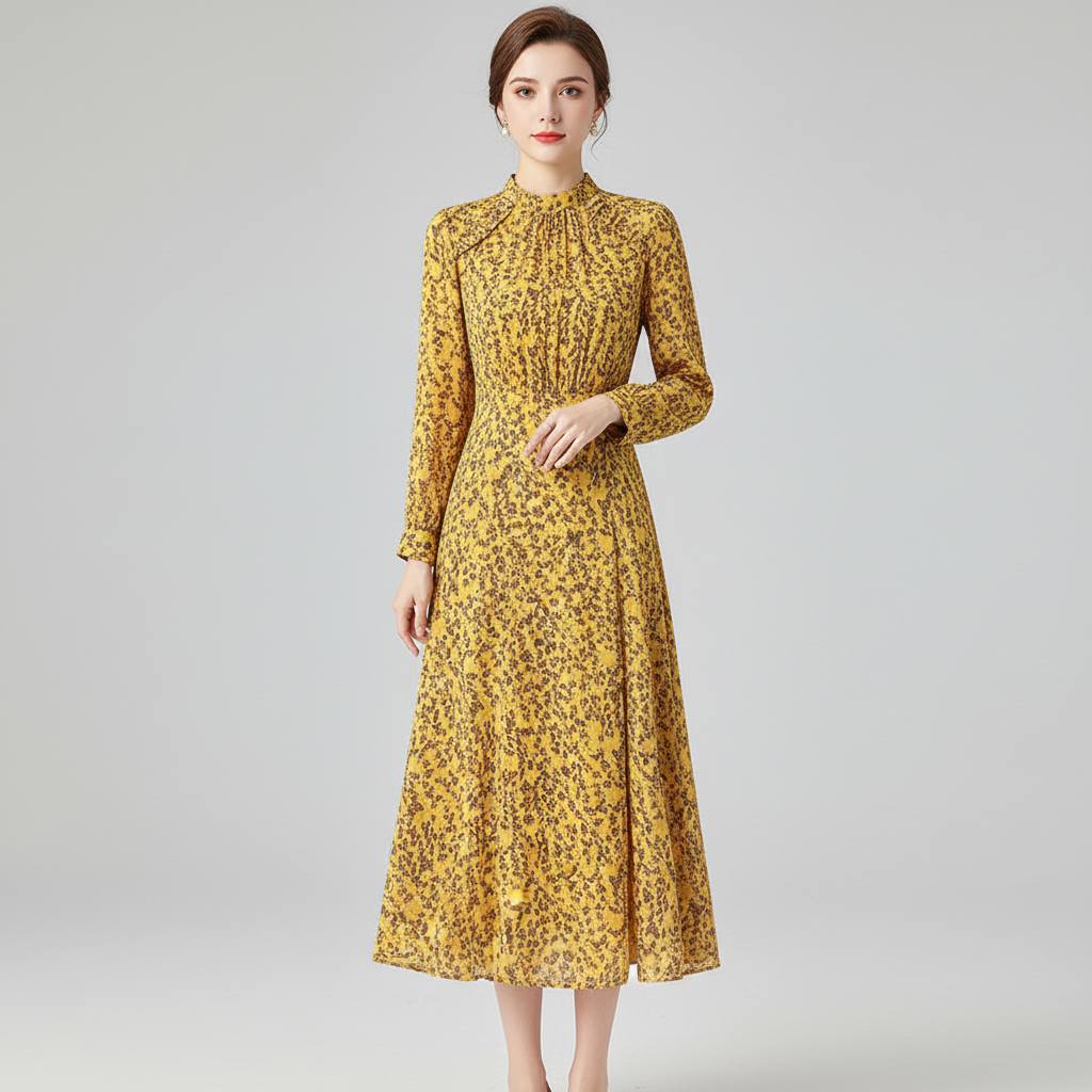 Gelbes Chiffonkleid mit Blumenmuster - Midikleid mit Schlitz am Saum