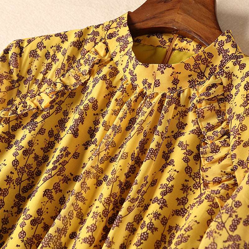 Women's Yellow Floral Print Chiffon Dress With Splits - ChoreGirl