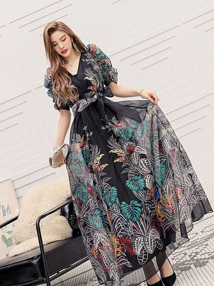Women's Puff Sleeves V-Neck Floral Print Long Evening Dress - ChoreGirl