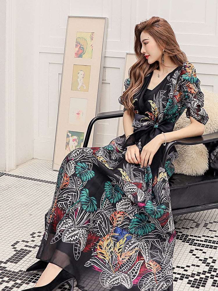 Women's Puff Sleeves V-Neck Floral Print Long Evening Dress - ChoreGirl