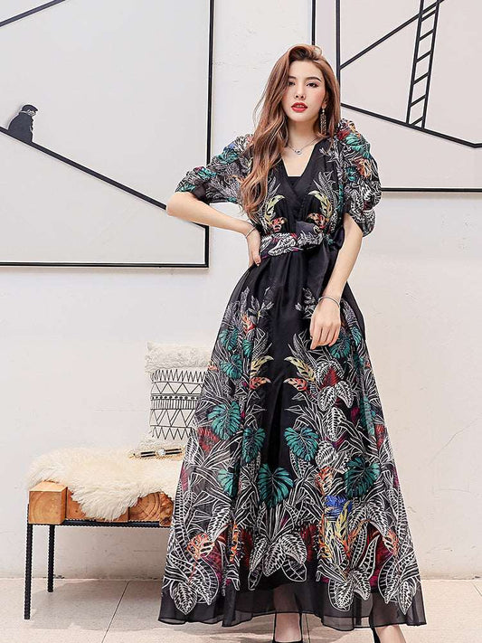 Women's Puff Sleeves V-Neck Floral Print Long Evening Dress - ChoreGirl
