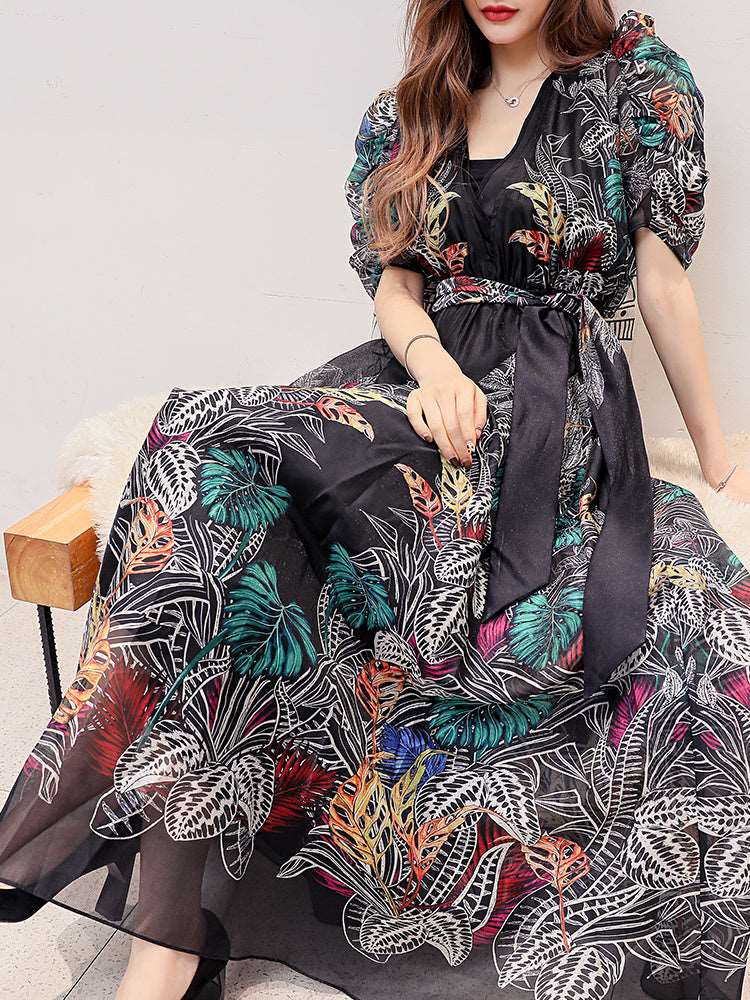 Women's Puff Sleeves V-Neck Floral Print Long Evening Dress - ChoreGirl