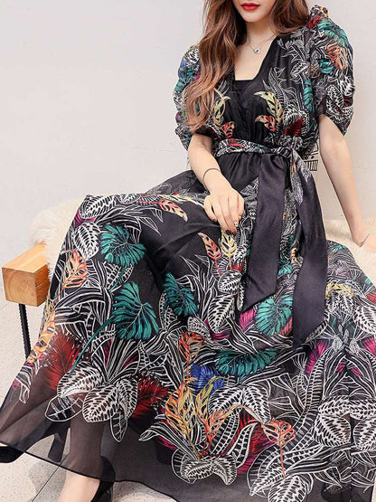 Women's Puff Sleeves V-Neck Floral Print Long Evening Dress - ChoreGirl