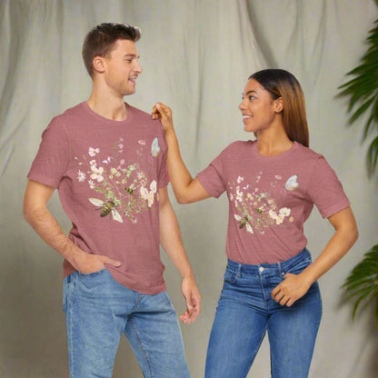 Unisex Vintage Wild Flower and Bee Jersey Short Sleeve Tee - ChoreGirl
