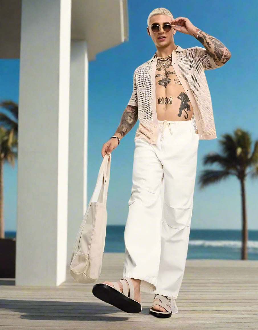 Men's Solid Color Loose Mesh Hollow Cut-Out Button-up Shirt - ChoreGirl