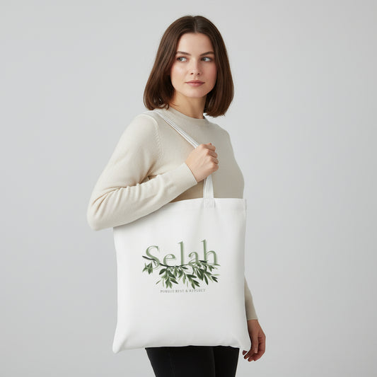 Woman holding a white tote bag with 'Selah' design on a light gray background