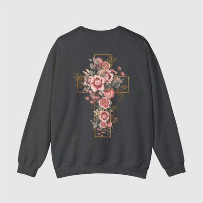 Custom Unisex Blooming Flower Cross Heavy Blend Crewneck Sweatshirt | PERSONALIZED - ChoreGirl