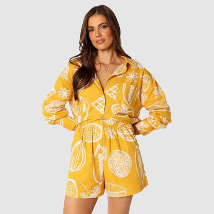 Women's Casual Fruit Printed Short Sleeved Shirt and Shorts Outfit Set - ChoreGirl