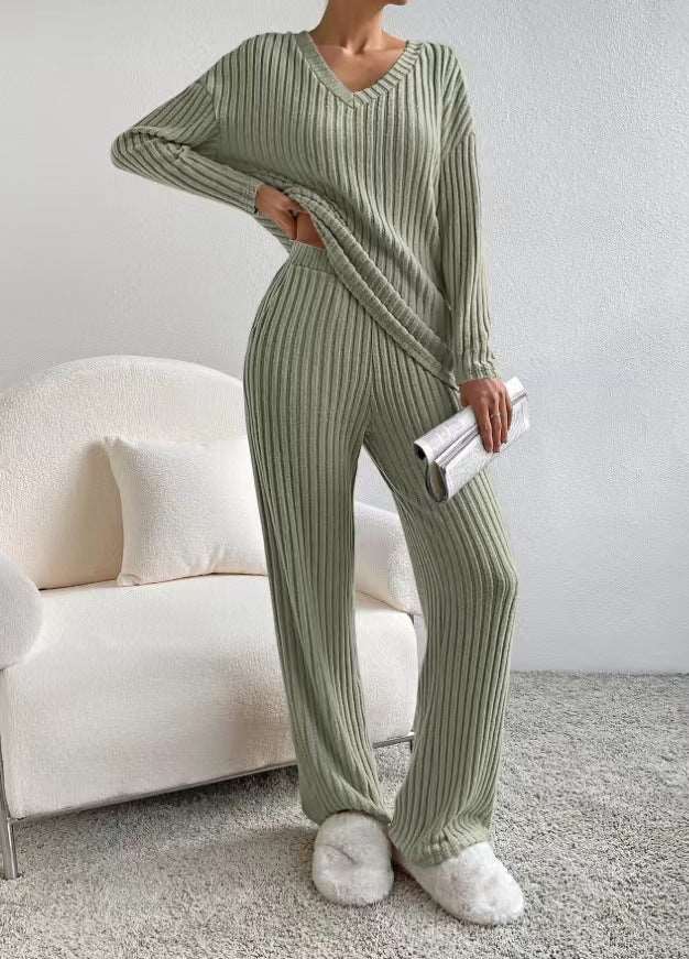 Women's Knitted Straight Leg Pants and Loose V-neck Shirt Two-Piece Outfit Set - ChoreGirl