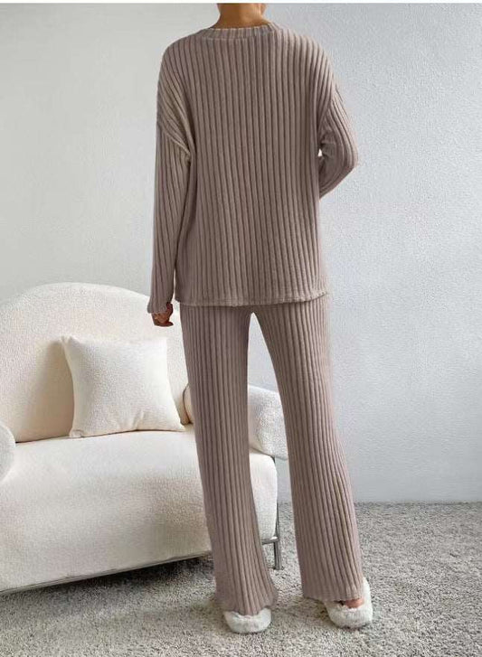 Women's Knitted Straight Leg Pants and Loose V-neck Shirt Two-Piece Outfit Set - ChoreGirl