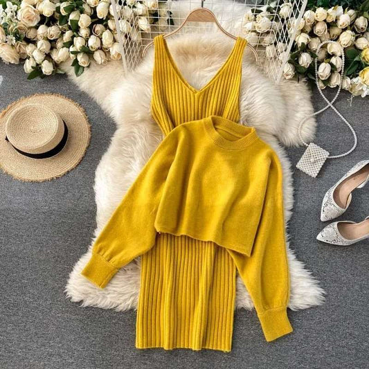 Women's Long Sleeved Jumper and Sleeveless V-neck Dress Two-piece Outfit Set - ChoreGirl