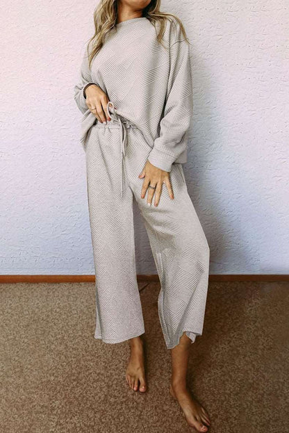 Women's Casual Textured Solid Color Loose Thick Long Sleeved Sweatshirt and Pants Two-piece Outfit Set - ChoreGirl