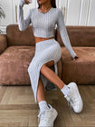 Lässiges, schmal geschnittenes, langärmliges Oberteil und Rock mit Rundhalsausschnitt für Damen, zweiteiliges Outfit-Set