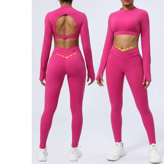 Women's Nude Feel Cross Strap Two-piece Workout Outfit Set - ChoreGirl