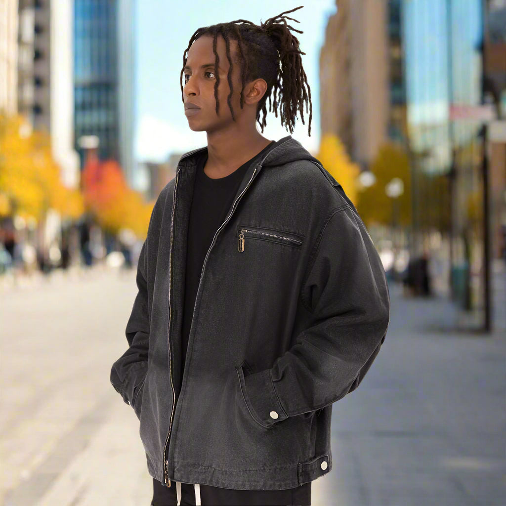 Men's Hooded Zip-up Denim Jacket - ChoreGirl