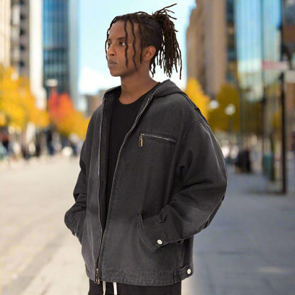 Men's Hooded Zip-up Denim Jacket - ChoreGirl