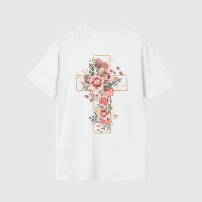 Custom Unisex Blooming Flower Cross Softstyle T-Shirt | PERSONALIZED - ChoreGirl