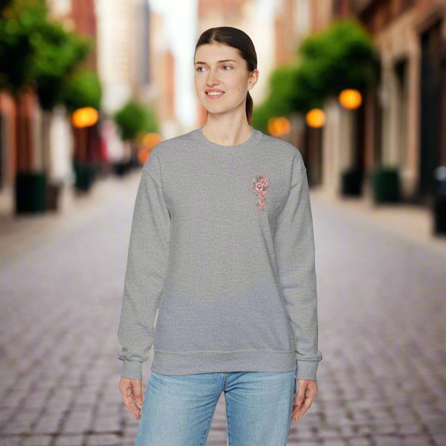 Custom Unisex Blooming Flower Cross Heavy Blend Crewneck Sweatshirt | PERSONALIZED - ChoreGirl