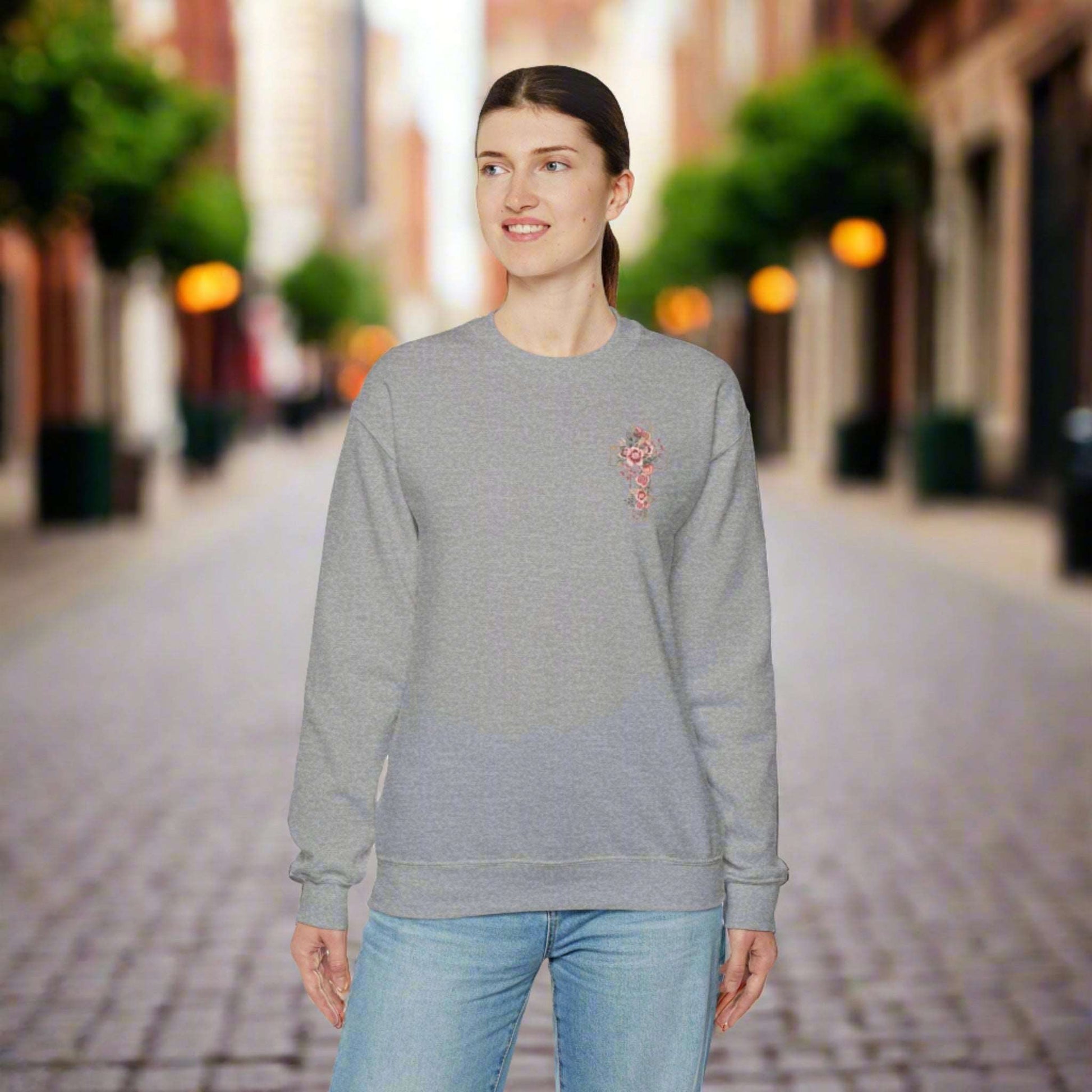Custom Unisex Blooming Flower Cross Heavy Blend Crewneck Sweatshirt | PERSONALIZED - ChoreGirl