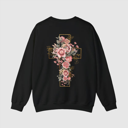 Custom Unisex Blooming Flower Cross Heavy Blend Crewneck Sweatshirt | PERSONALIZED - ChoreGirl