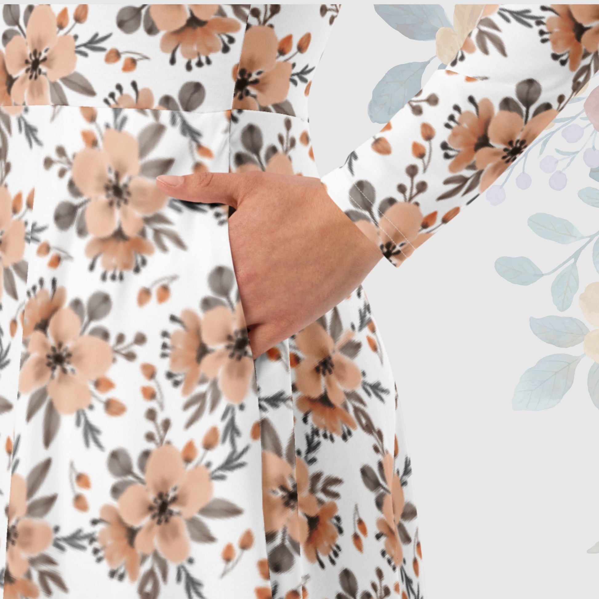 Custom Women's Flower Pattern Long Sleeve Midi Dress with Pockets | PERSONALIZED - ChoreGirl