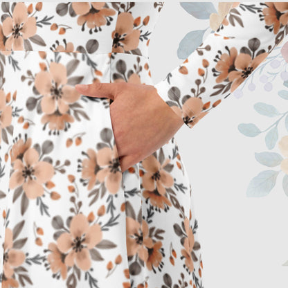Custom Women's Flower Pattern Long Sleeve Midi Dress with Pockets | PERSONALIZED - ChoreGirl