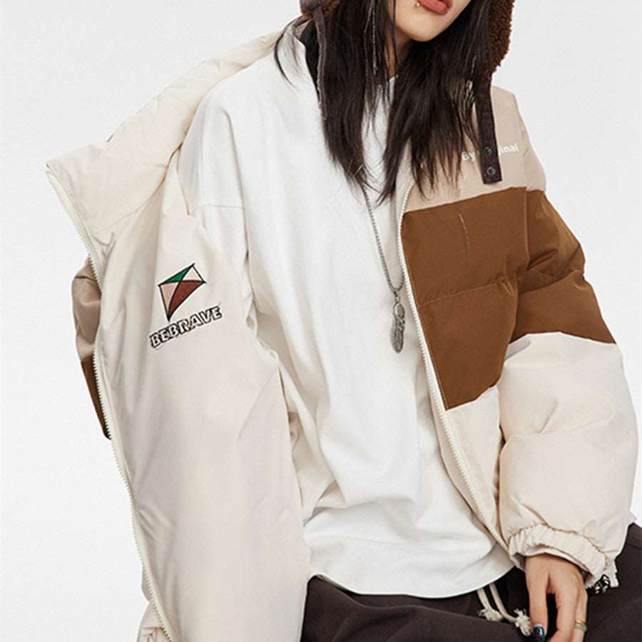 Unisex Couples Contrast Color Embroidered Stand Collar Coat - 2 in 1 wear - ChoreGirl