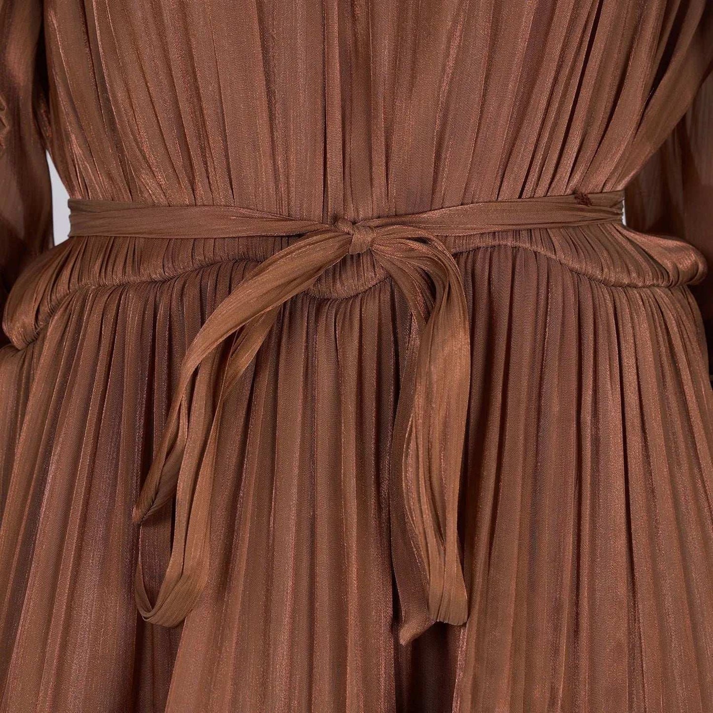 Women's V-neck Lantern Sleeve Fitted Waist Pleated Long Silk Dress with Belt