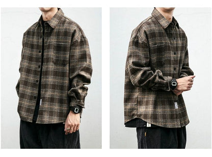 Men's Retro Pattern Long Sleeve Plaid Button-up Shirt - ChoreGirl