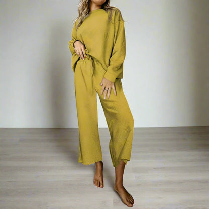Women's Casual Textured Solid Color Loose Thick Long Sleeved Sweatshirt and Pants Two-piece Outfit Set - ChoreGirl