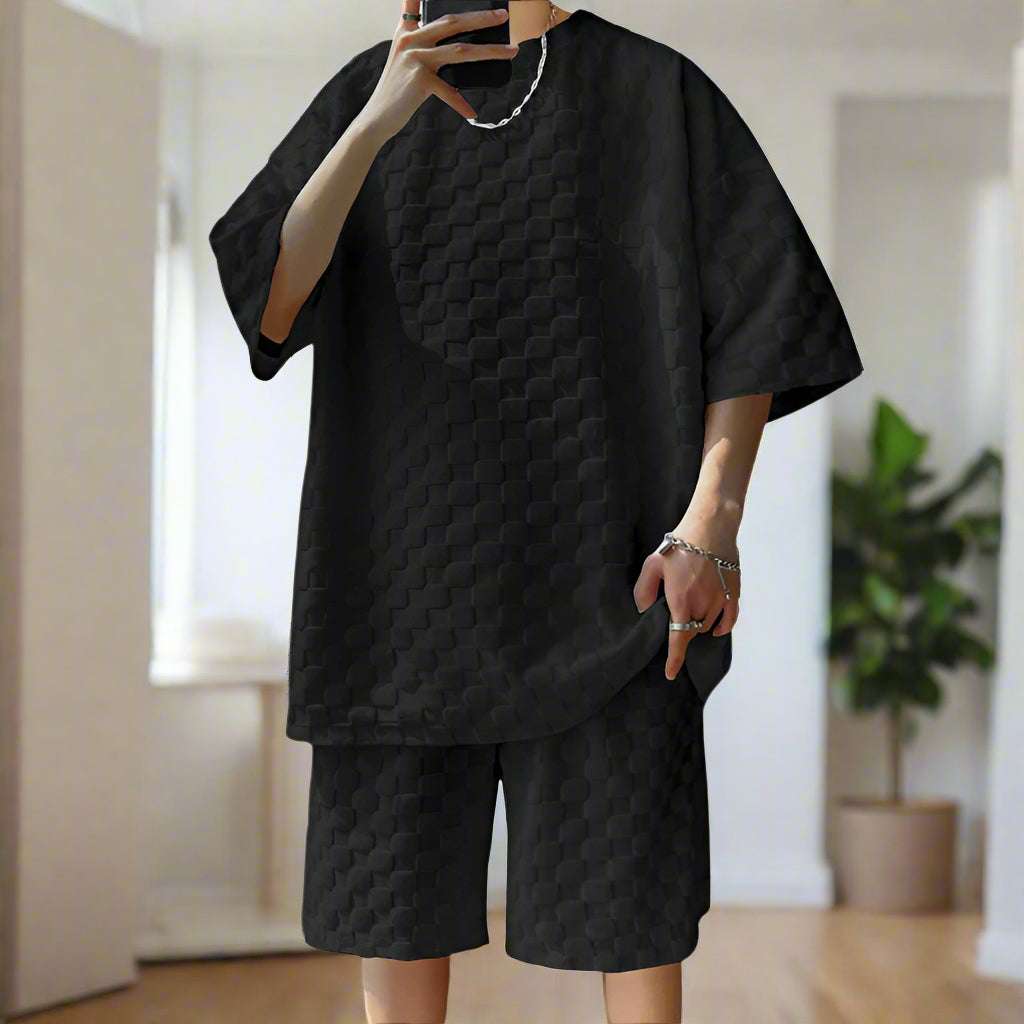 Men's Casual Loose Jacquard Plaid Short Sleeved T-Shirt and Shorts Outfit Set - ChoreGirl