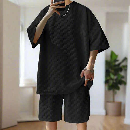 Men's Casual Loose Jacquard Plaid Short Sleeved T-Shirt and Shorts Outfit Set - ChoreGirl