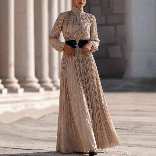 Women's French Style Elegant High Neck High Waist Long Dress with Belt
