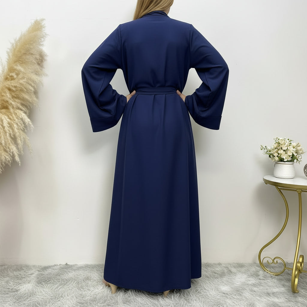 Eleganter, einfarbiger langer Morgenmantel mit Gürtel – Damen, Polyester