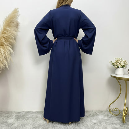 Eleganter, einfarbiger langer Morgenmantel mit Gürtel – Damen, Polyester