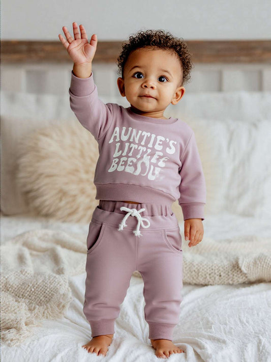 Baby Auntie's Little Bestie Print Long-sleeved Sweatshirt and Pants Two-piece Outfit Set - ChoreGirl